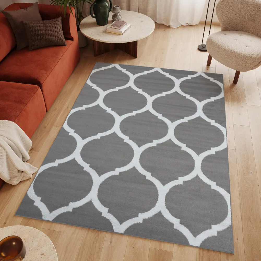 TAPISO Luxury Tapis Poils Ras Moderne Gris Blanc Géométrique Trèfle Marocain Tapis Salon Chambre Adulte Salle à Manger Bur...