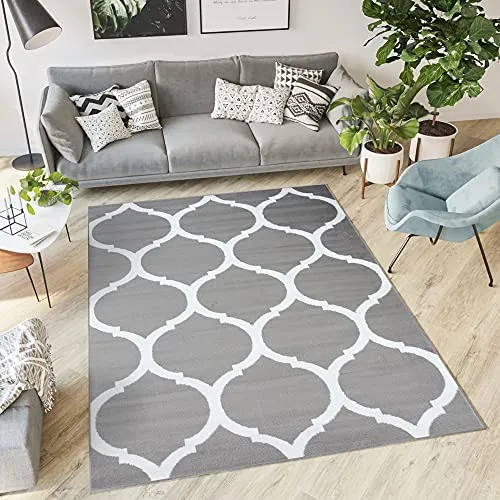 TAPISO Luxury Tapis de Salon Chambre Salle à Manger Adulte Bureau Design Moderne Gris Blanc Géométrique Motif Trèfle Maroc...