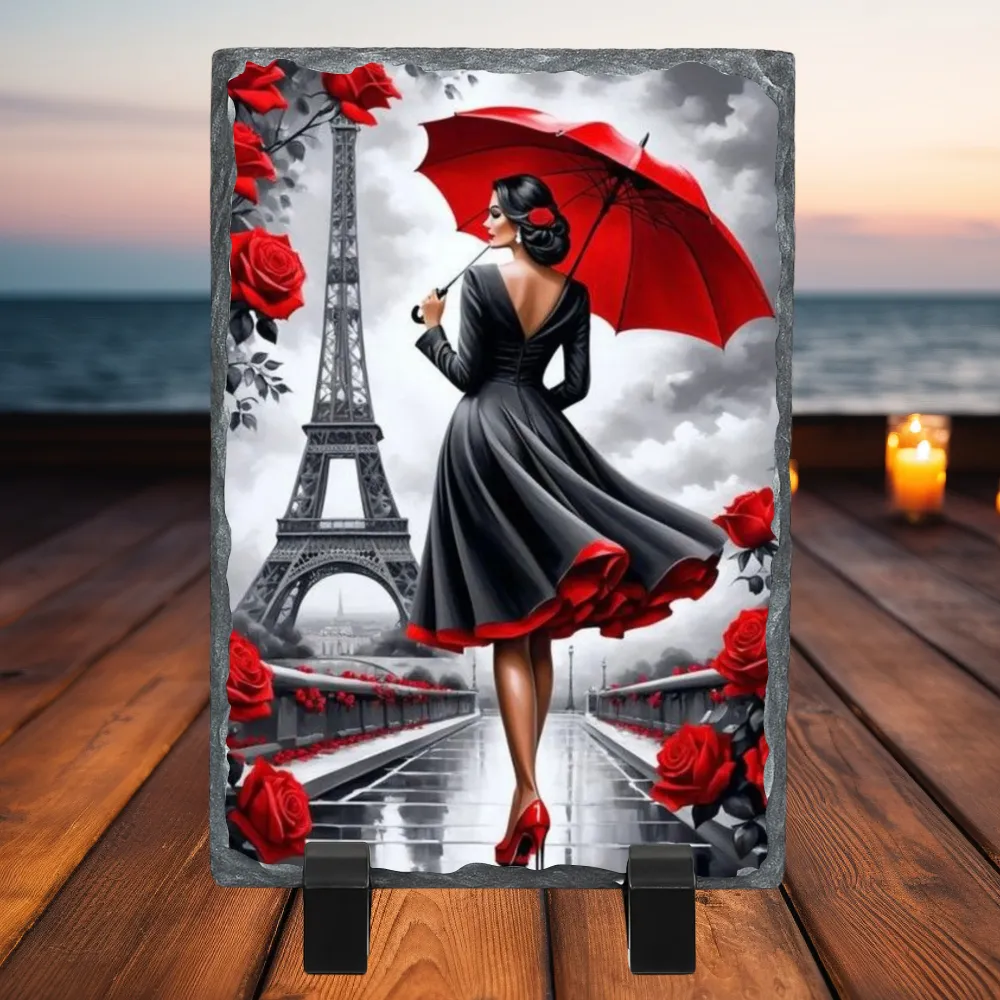 Ardoise Décorative Femme Parisienne 30x20 cm – Déco Chic Tour Eiffel Parapluie Rouge (Design &C My Cré)