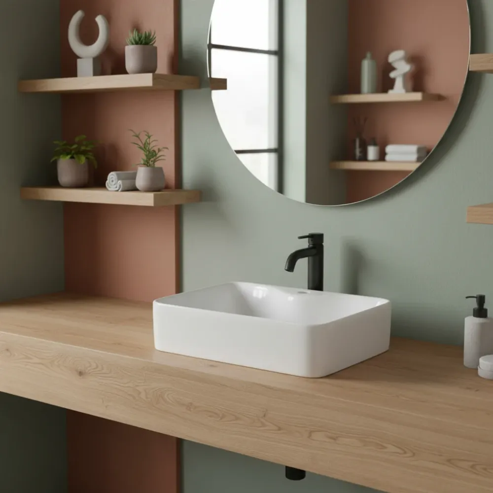 Pièce d'Origine Lavabo d'appoggio carré céramique blanche sans trop-plein hauteur 13 cm