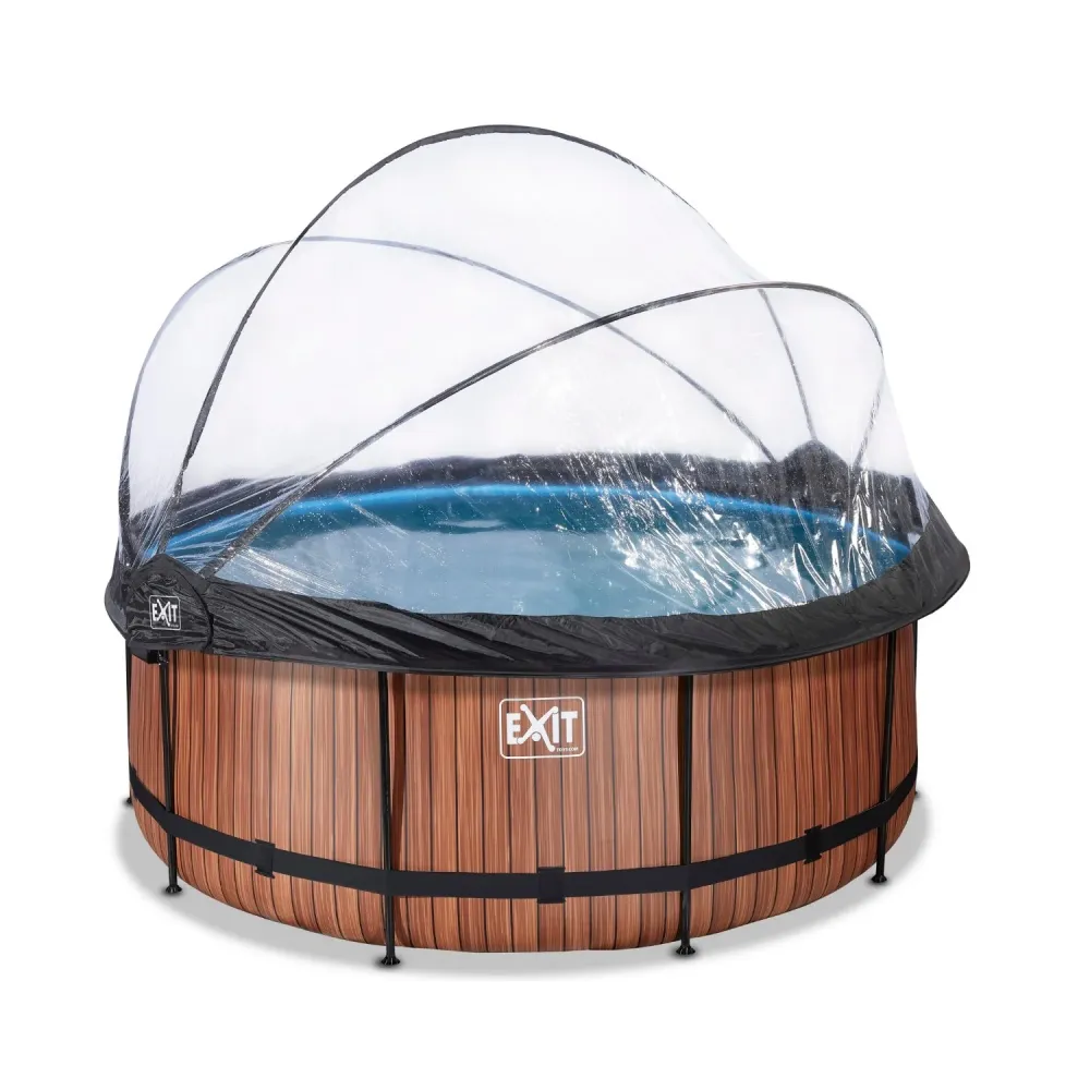 EXIT Piscine bois ø360x122cm avec pompe filtre à sable et auvent - marron EXIT Toys