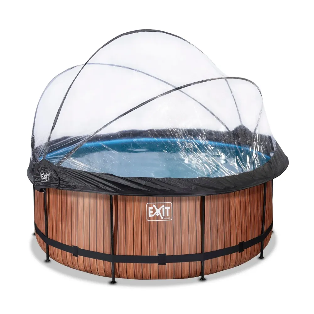 EXIT Piscine bois ø360x122cm avec pompe de filtration à sable et auvent et pompe à chaleur - marron EXIT Toys
