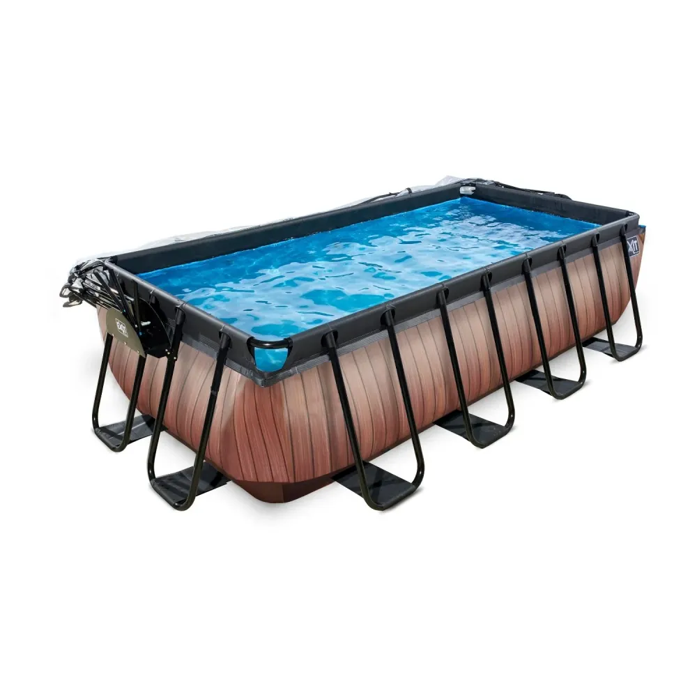 EXIT Piscine Bois 400x200x100cm avec pompe filtre à sable et auvent - marron EXIT Toys