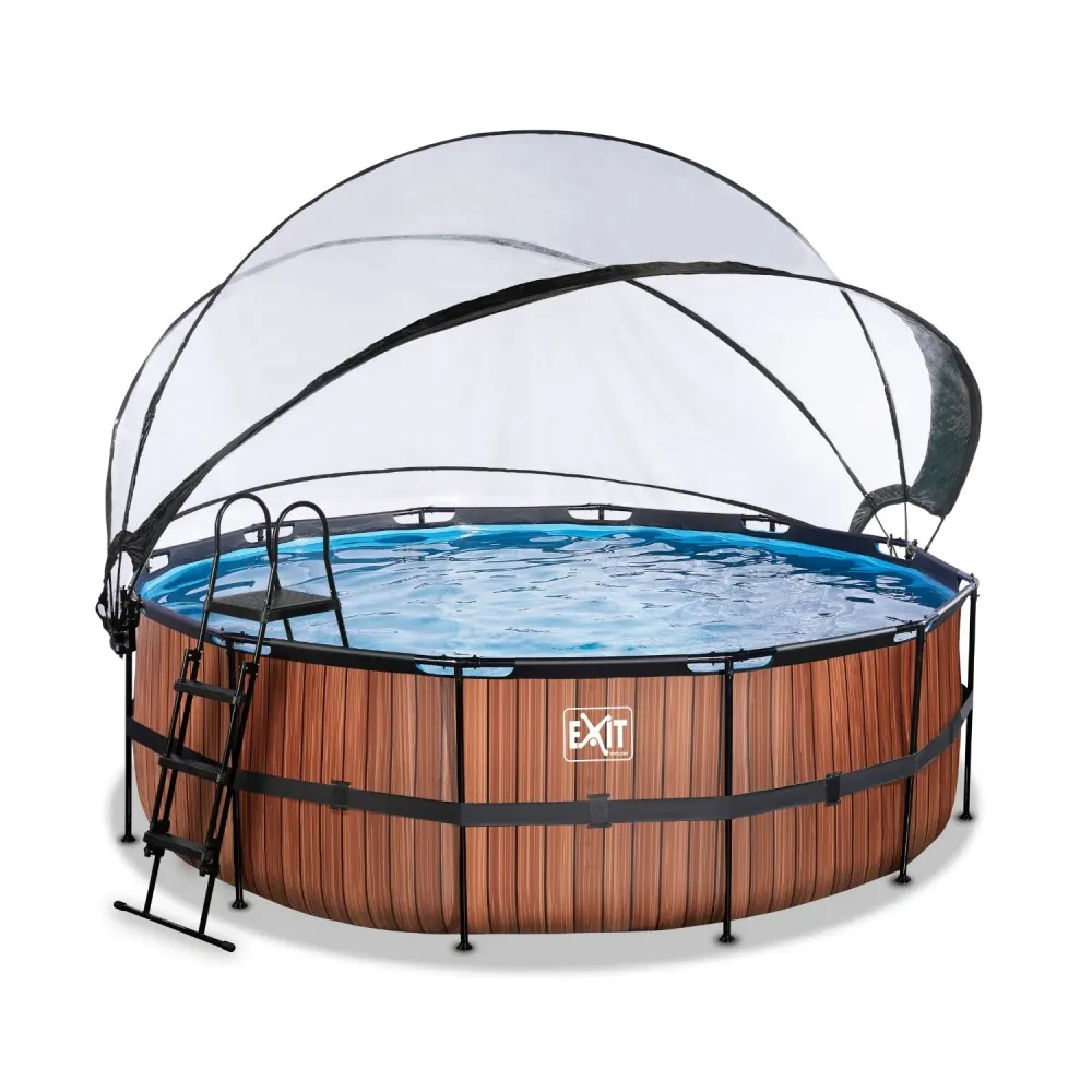 EXIT Piscine bois ø427x122cm avec pompe filtre à sable et auvent - marron EXIT Toys