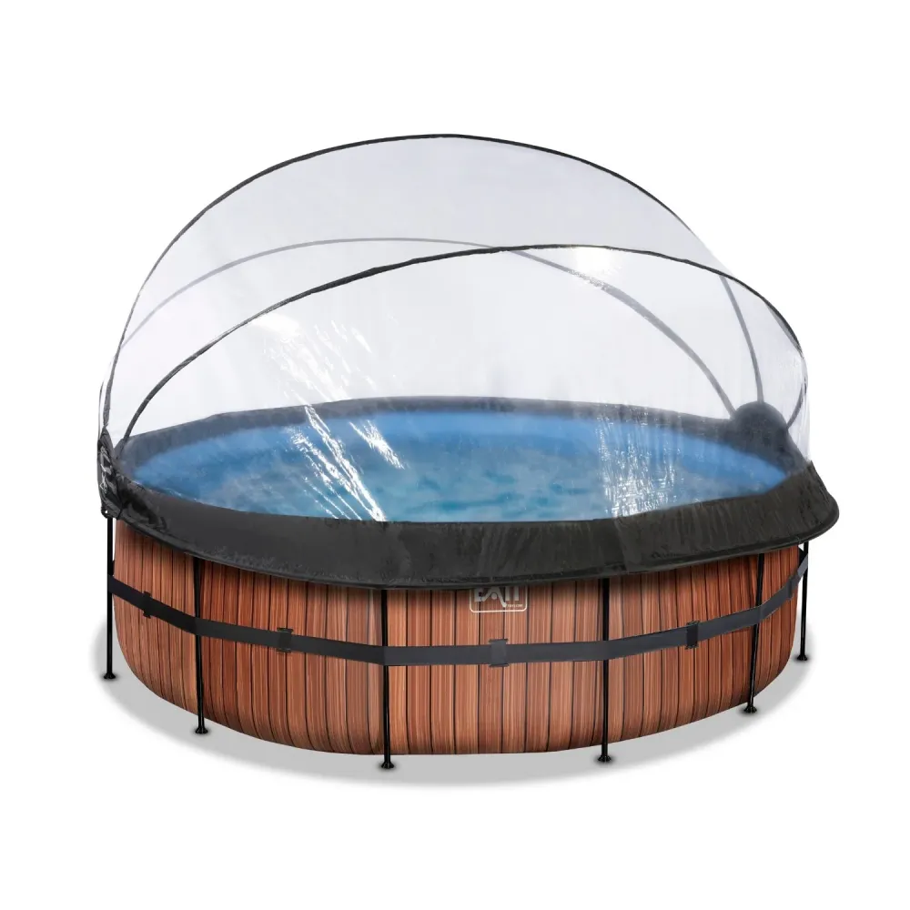EXIT Piscine bois ø427x122cm avec pompe de filtration à sable et auvent et pompe à chaleur - marron EXIT Toys