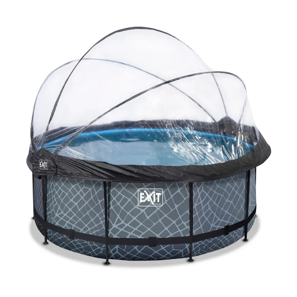 EXIT Piscine en pierre ø360x122cm avec pompe à filtre à sable et auvent - gris EXIT Toys