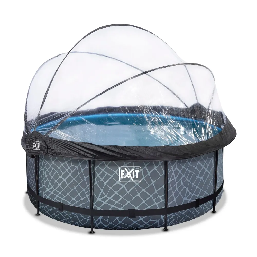 EXIT Piscine en pierre ø360x122cm avec pompe de filtration à sable et auvent et pompe à chaleur - gris EXIT Toys