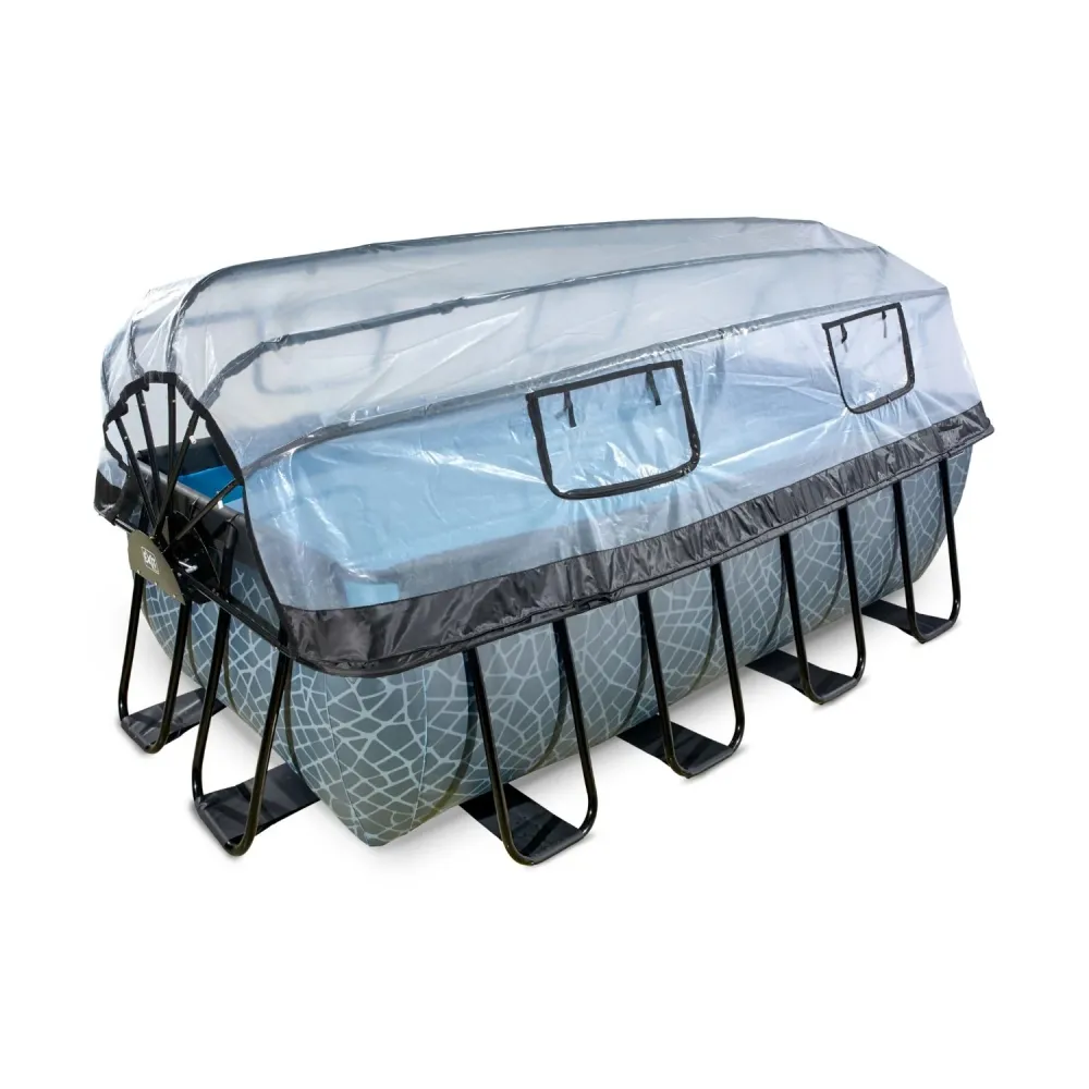 EXIT Piscine en pierre 400x200x122cm avec pompe filtre à sable et auvent - gris EXIT Toys