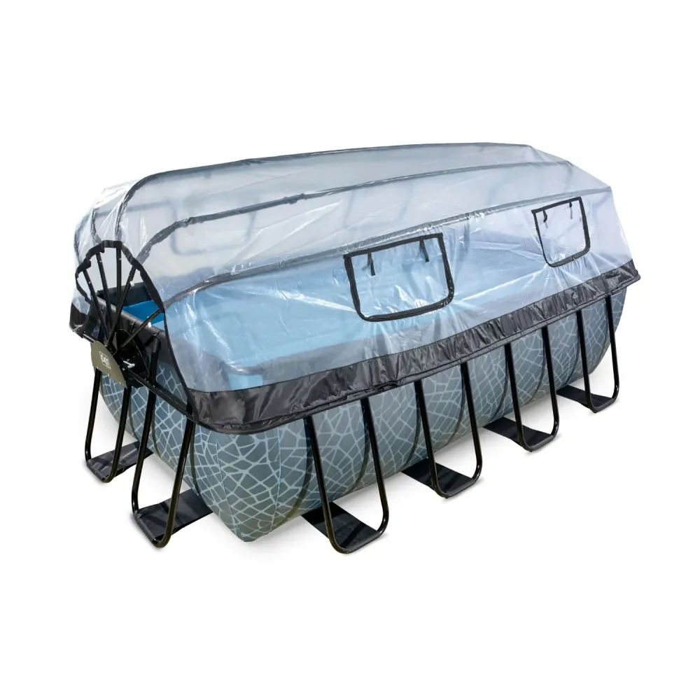 EXIT Piscine en pierre 400x200x122cm avec pompe de filtration à sable et auvent et pompe à chaleur - gris EXIT Toys