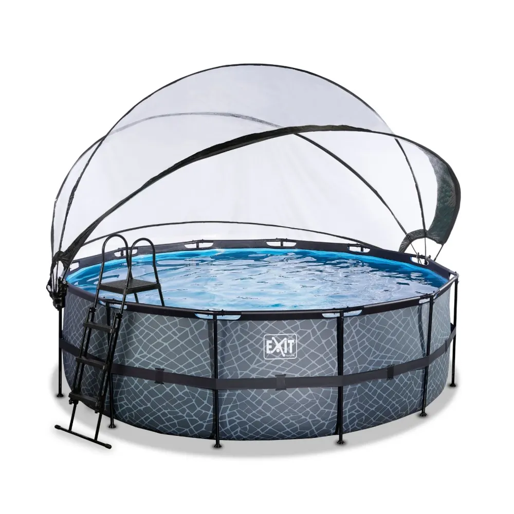 EXIT Piscine en pierre ø427x122cm avec pompe de filtration à sable et auvent et pompe à chaleur - gris EXIT Toys