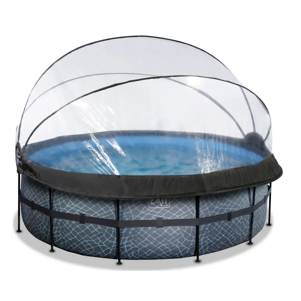 EXIT Piscine en pierre ø427x122cm avec pompe à filtre à sable et auvent - gris EXIT Toys