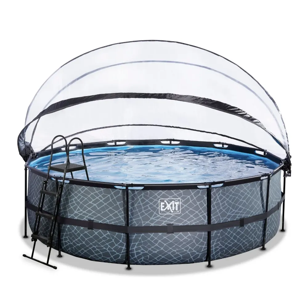 EXIT Piscine en pierre ø450x122cm avec pompe à filtre à sable et auvent - gris EXIT Toys