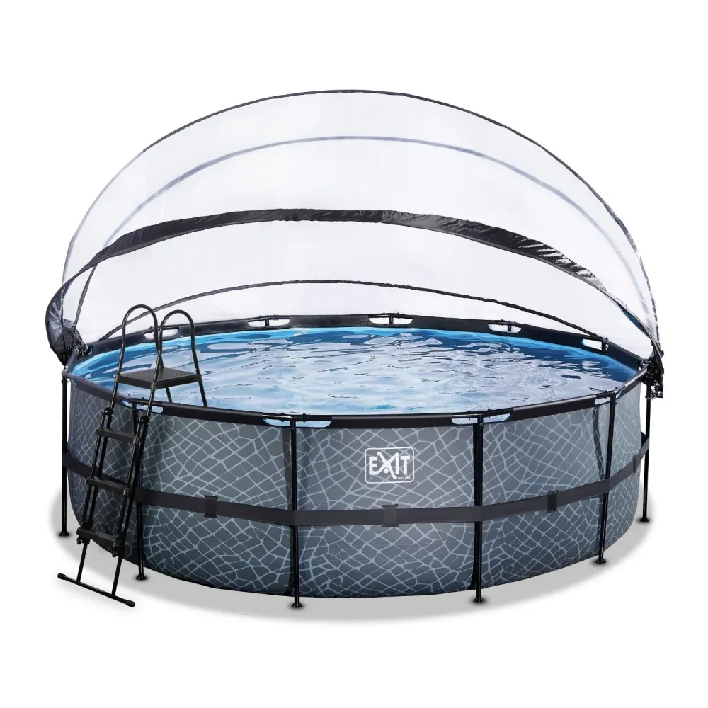 EXIT Piscine en pierre ø450x122cm avec pompe de filtration à sable et auvent et pompe à chaleur - gris EXIT Toys