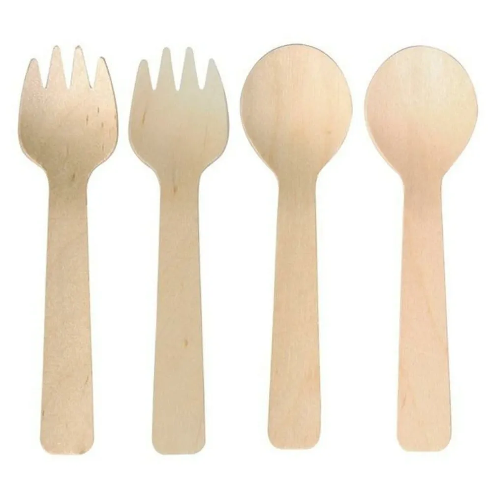 6 cuillères + 6 fourchettes en bois 10 cm 12 Pièces Incluses