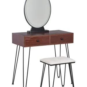 Kaptafel met LED spiegel en kruk donkerhout/zwart LOIX Matériau Duraplas