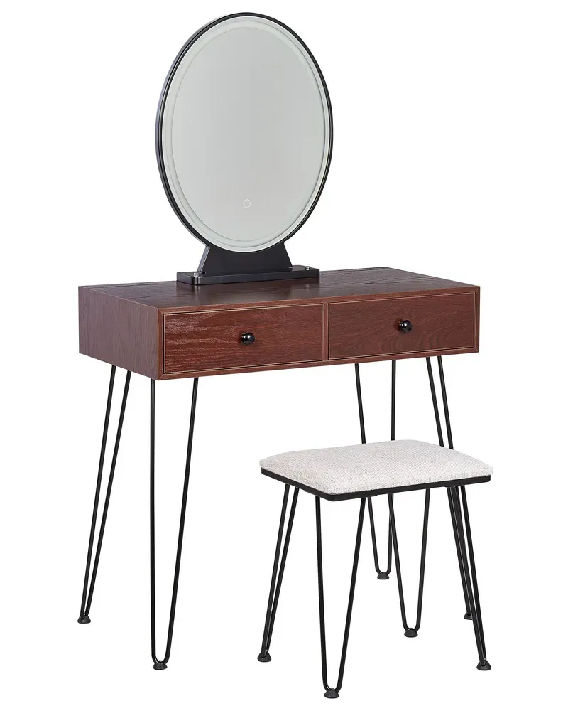 Kaptafel met LED spiegel en kruk donkerhout/zwart LOIX Matériau Duraplas