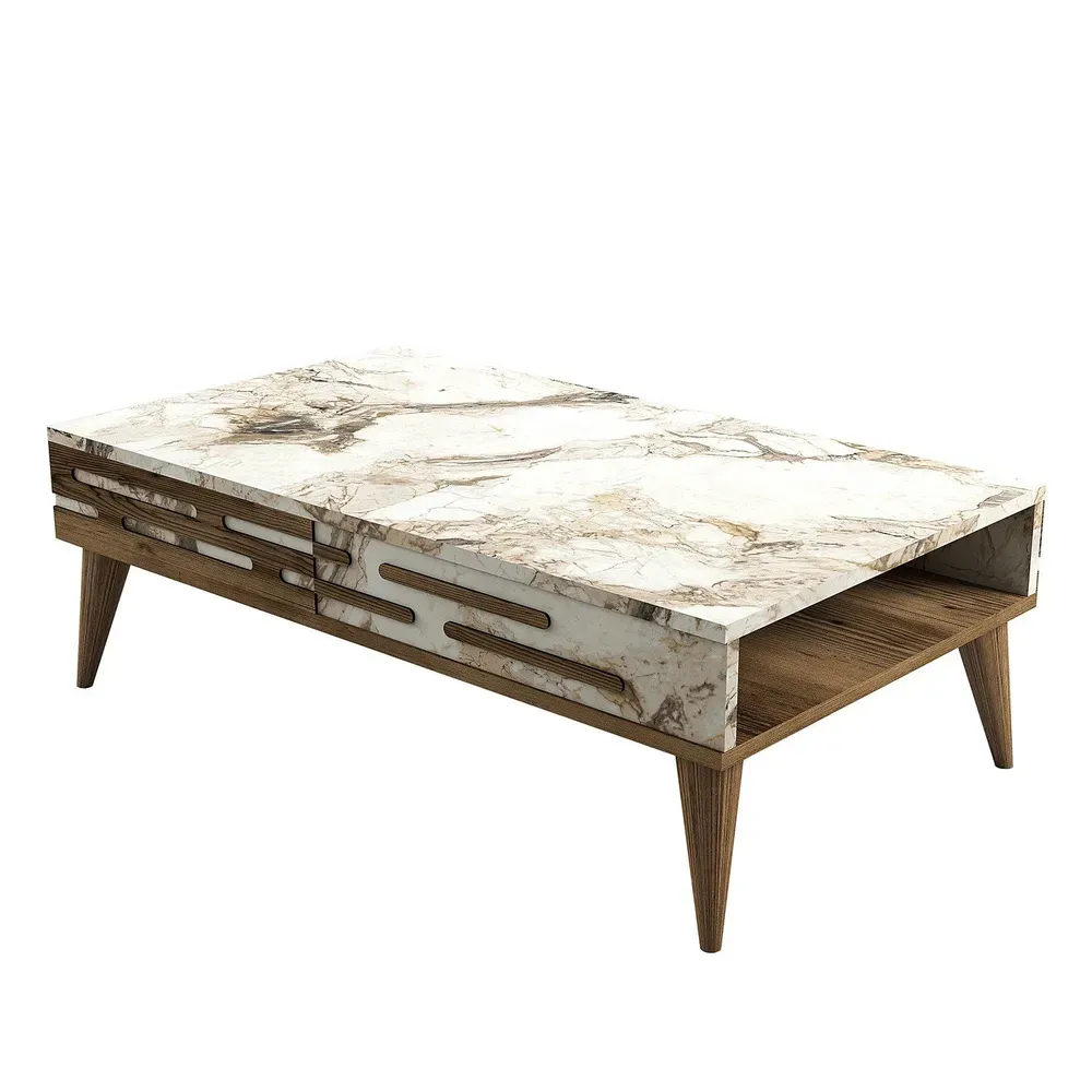 Table basse design Oviva L105cm Bois ténébreux et Effet marbre Blanc