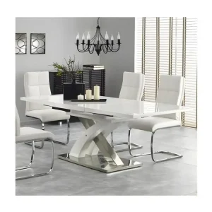 Table à manger design blanc laqué et verre avec rallonge Cleo Peinture à l'Eau