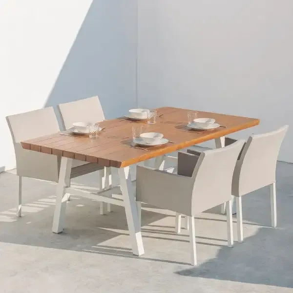 Table d'Extérieur en Bois D'acacia Massif et Métal Blanc Home Decor avec Certificat d'Authenticité