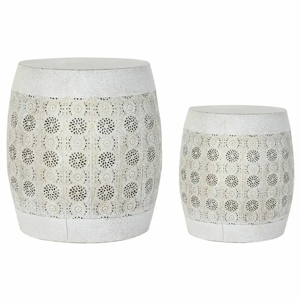 Tables d'Appoints Arrondies en Métal Blanc et Doré Design Arabe (2 pcs