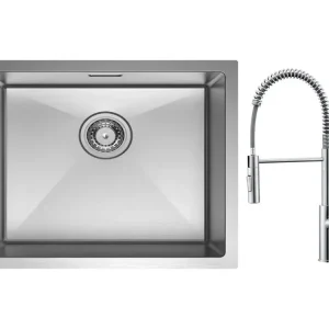 Cecipa max Évier 1 Bac 50*44cm Évier de Cuisine en Inox Évier Encastré Brossé + Mitigeur de Cuisine à Ressort Brossé avec...