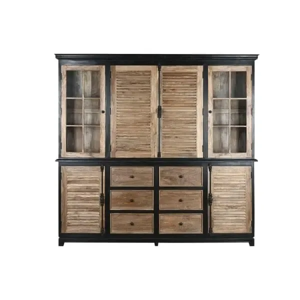 Ample Vaisselier Campagne Chic en Bois Naturel et Noir 218 x 43 x 203