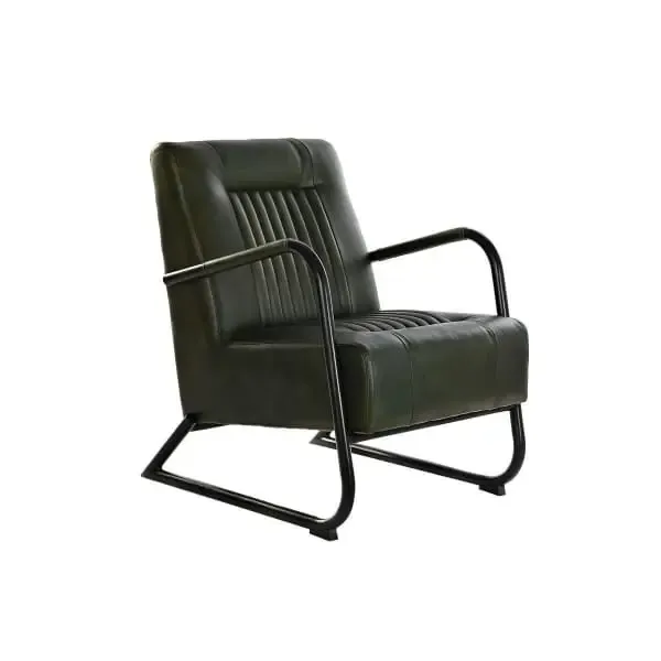 Fauteuil Relax Rétro en Cuir Vert Foncé et Métal Noir avec Accoudoir