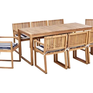 8 Seater Certified Acacia Wood Garden Dining Set Marine Blue and White Cushions SASSARI II